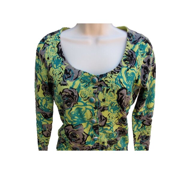Cardigan Sweater XXI Twist Green Bold Floral Roses Button Front Size S/P - Picture 2 of 6